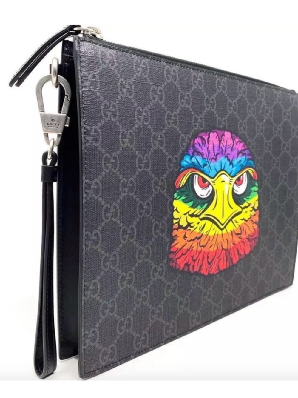 Gucci Black GG Supreme Pouch with Multicolor Eagle Motif